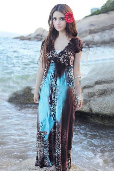 Leopard Print Bohemian Short Sleeve Women Causal Beach Summer Long Dress - Blue