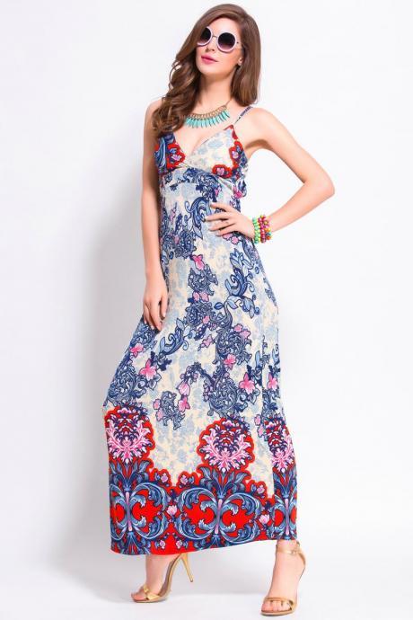 Fashion Summer Strap Printed Sexy Bohemian Maxi Beach Long Dress For Women