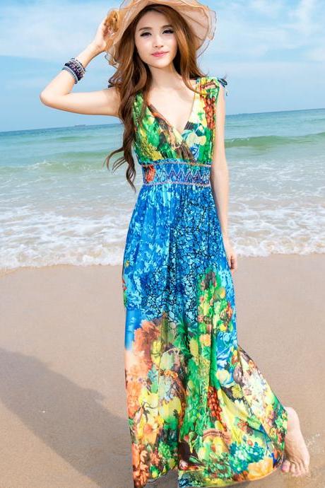 Blue Summer Women Printed Sexy Maxi Beach Long Dress