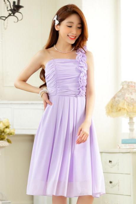 One Shoulder Elegant Long Girls Evening Dress Wedding Bridesmaid Dress - Purple