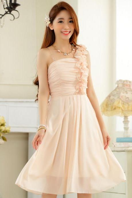One Shoulder Elegant Long Girls Evening Dress Wedding Bridesmaid Dress - Pink