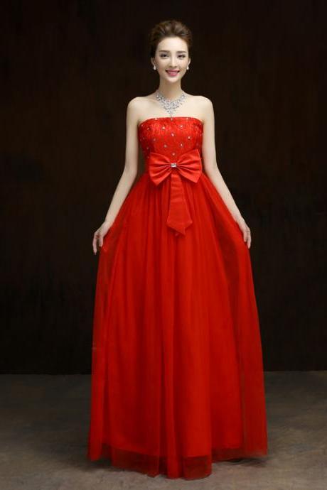 Elegant Bow Long Evening Dress,beaded Prom Dress,formal Dress - Red