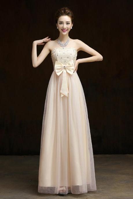 New Elegant Bow Long Evening Dress,Beaded Prom Dress,Formal Dress - Beige