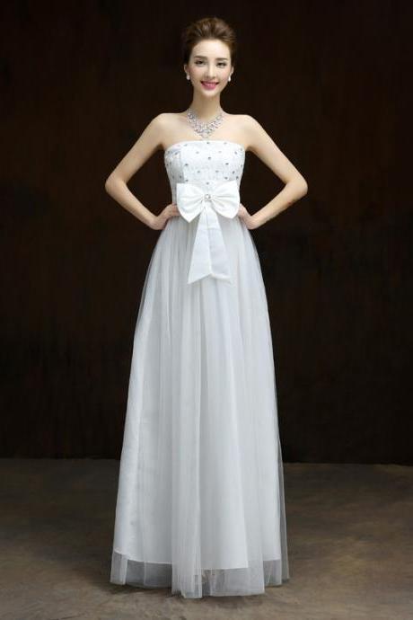 New Elegant Bow Long Evening Dress,Beaded Prom Dress,Formal Dress - White