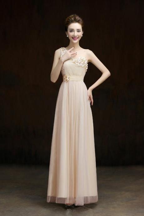 New One Shoulder Formal Long Design Elegant Gown Evening Dress - Beige