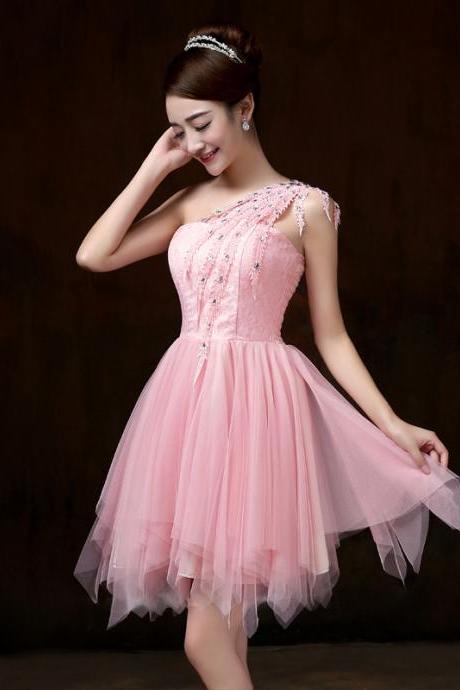 Sweet One Shoulder Mini Bridesmaid Prom Dress - Pink