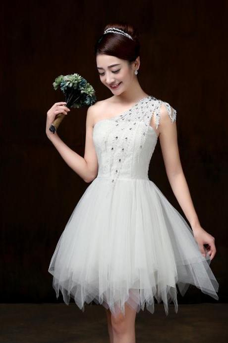 Sweet One Shoulder Mini Bridesmaid Prom Dress - White