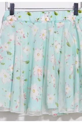 Nice Green Flower Pattern Chiffon Skirt