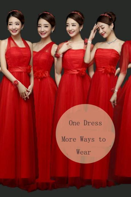 New Convertible Bridesmaid Dresses A Line Long Wedding Party Dress - Red