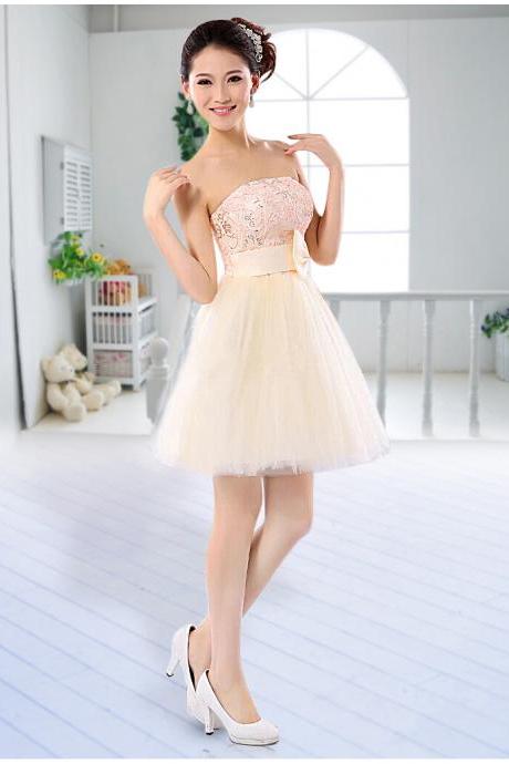 Summer Sequins Mini Bow Bridesmaid Prom Dress - Beige