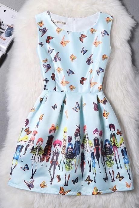 Summer Elegant Butterfly Print Bodycon Vest Dress - Light Blue