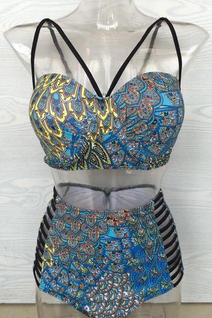 New Peacock Pattern Printing Hollow Swimsuit Bikini 