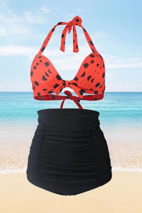 Women Red And Black Dot High Waist Swimsuit Swimwear Bikini