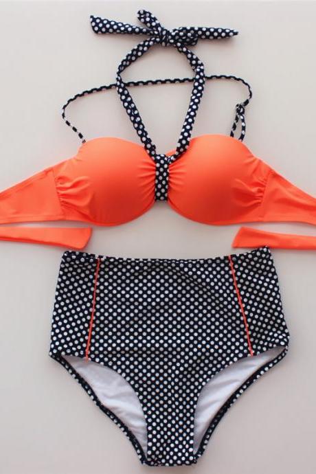 Women Halter Dot Swimsuit Swimwear Bikini - Orange