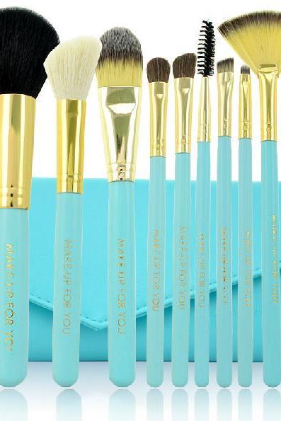 10 PCS Professional Makeup Brush Set With Leather Case - Blue