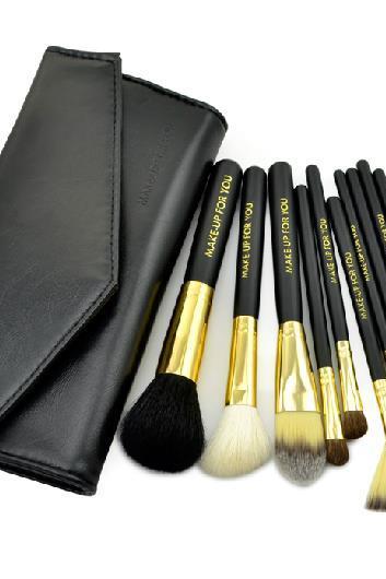 10 PCS Professional Makeup Brush Set With Leather Case - Black