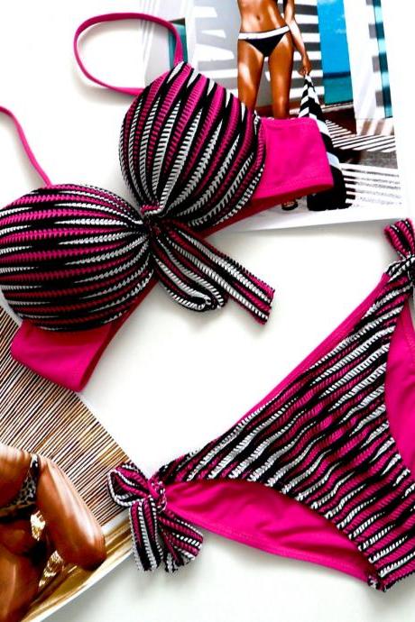 New Stripe Sexy Bikini Set Sexy Biquini Female Swimsuit For Women - Rose