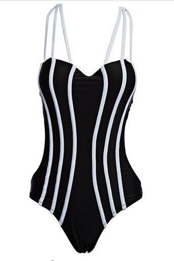 New Women Swimsuit Stylish Stripe Pattern One Piece Slimming Bikini - Black