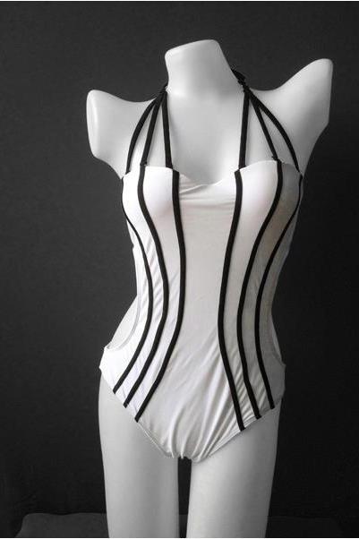 Women Swimsuit Stylish Stripe Pattern One Piece Slimming Bikini - White
