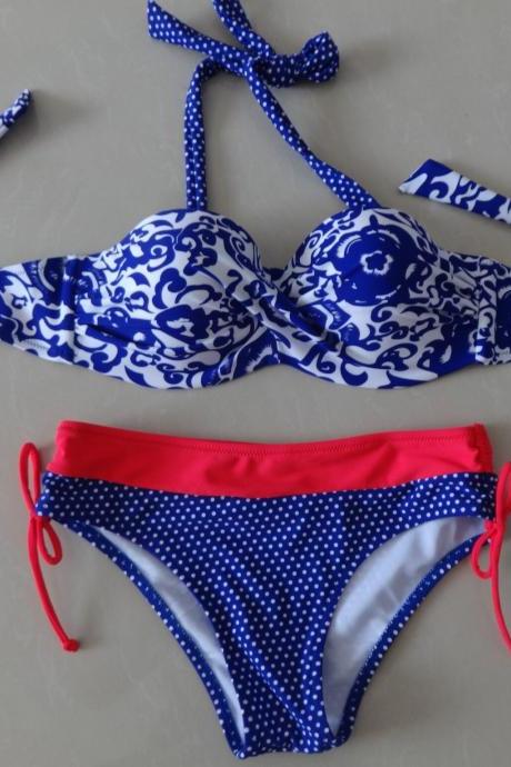 Summer Swimwear Women Blue Dot Sexy Push Up Bikini Set