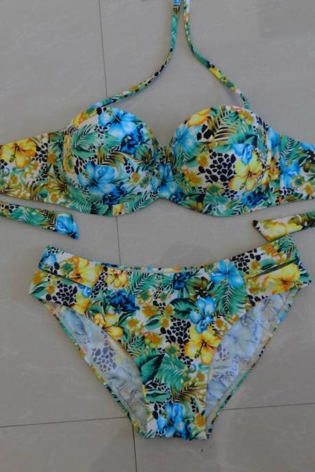 New Sexy Beach Swimwear Flower Pattern Bathing Suit Bikini Set 