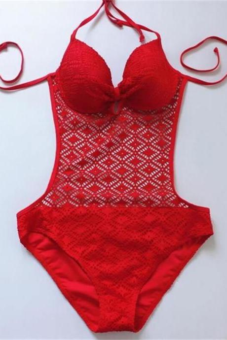Fashion Women Hollow Gauze One Piece Swimswear Bathing Suit Ladies Beach Swimsuit - Red