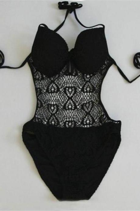 Fashion Women Hollow Gauze One Piece Swimswear Bathing Suit Ladies Beach Swimsuit - Black