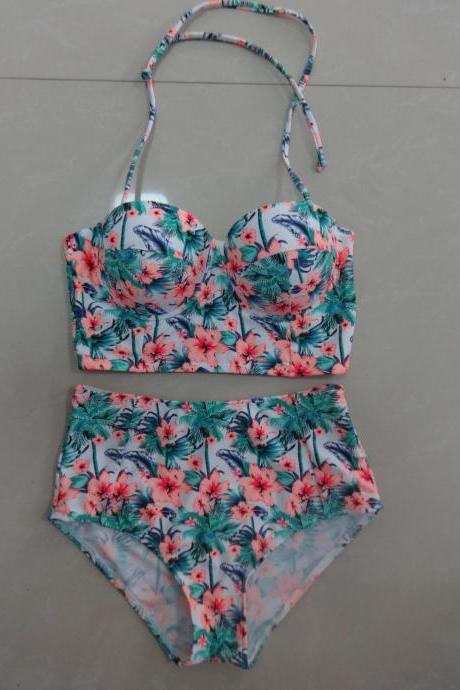 New Women High Waist Flower Pattern Swimswear Swimsuit Bikini
