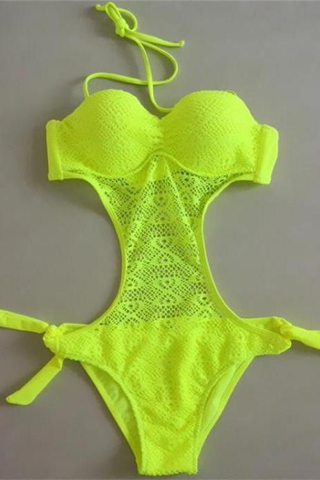 Women Hollow Lace One Piece Swimswear Bathing Suit Ladies Beach Swimsuit - Yellow