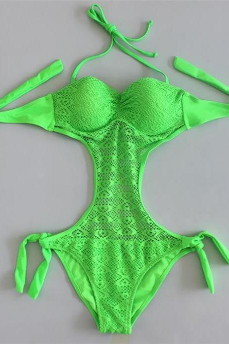 Women Hollow Lace One Piece Swimswear Bathing Suit Ladies Beach Swimsuit - Green