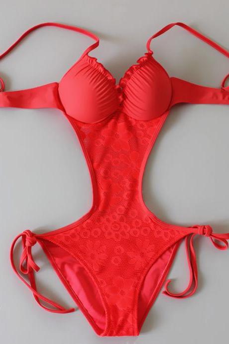 Women Hollow Lace V-neck One Piece Swimswear Bikini Swimsuit - Red