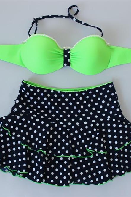 Sweet Dot Bead Women Swimsuit Bikini Swimdress - Green