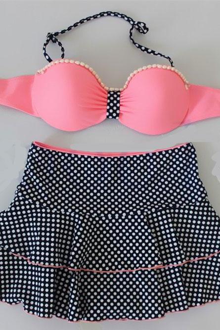 Sweet Dot Bead Women Swimsuit Bikini Swimdress - Pink