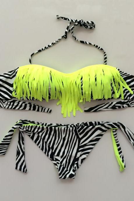 Women Sexy Zebra Tassel Swimsuit Bikini - Yellow