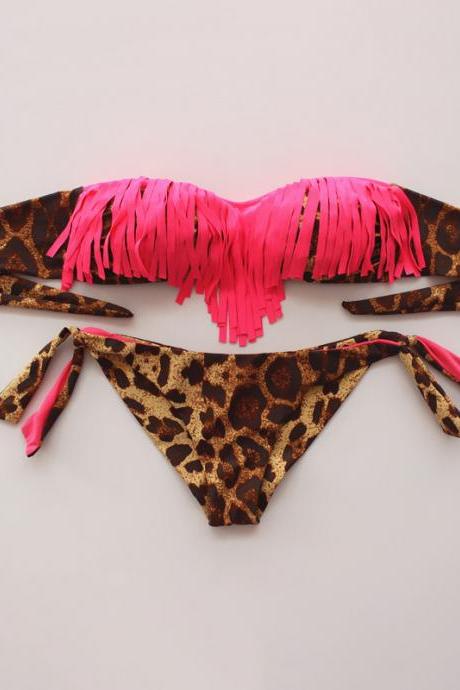Women Sexy Leopard Tassel Swimsuit Bikini - Pink