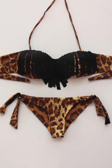 Women Sexy Leopard Tassel Swimsuit Bikini - Black