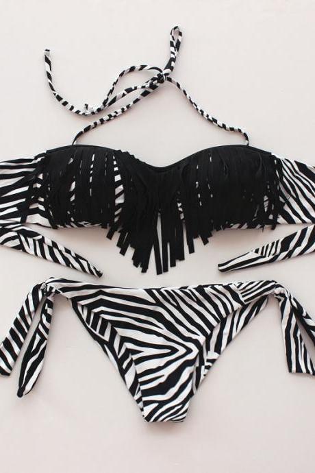 Women Sexy Zebra Tassel Swimsuit Bikini - Black