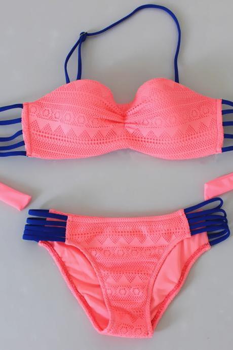 Women Sexy Lace Multi Rope Swimsuit Swimwear Bikini - Pink