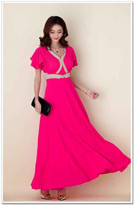 New Beaded Pleated Short Sleeved Elegant Evening Dress - Rose