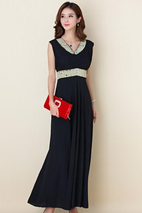 Fahion Beaded Pleated Sleeveless Elegant Evening Dress - Black