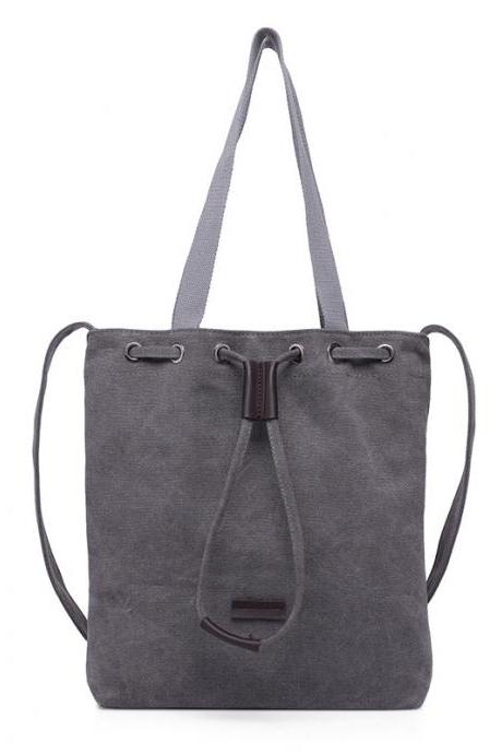 Grey Canvas Drawstring Tote Bag With Shoulder Straps