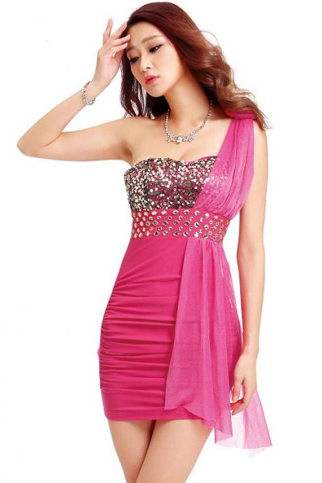 Sexy Low-cut Sequin Backless One Shoulder Mesh Mini Club Party Dress