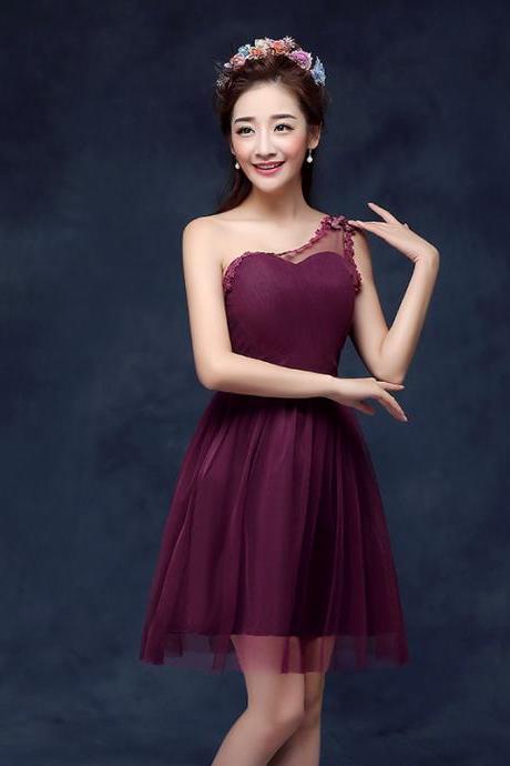 Cute One Shoulder Wine Red Color Wedding Bridesmaid Party Short Dress For Women