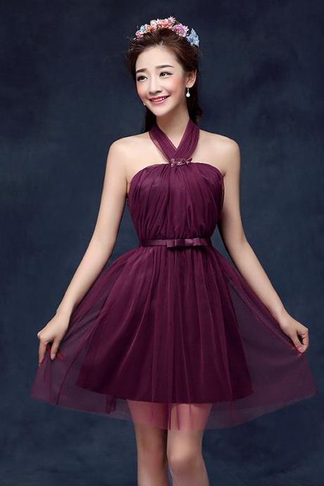 Cute Halter Wine Red Color Wedding Bridesmaid Party Short Dress For Women