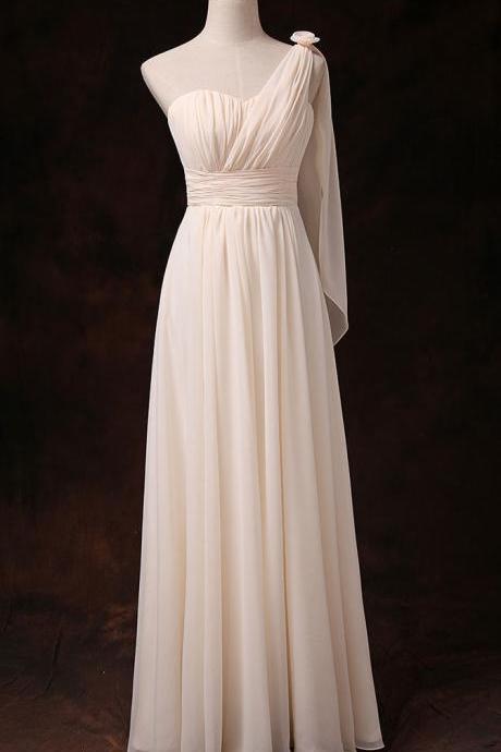 One Shoulder Good Quality Champagne Color Chiffon Party Bridesmaid Long Dress