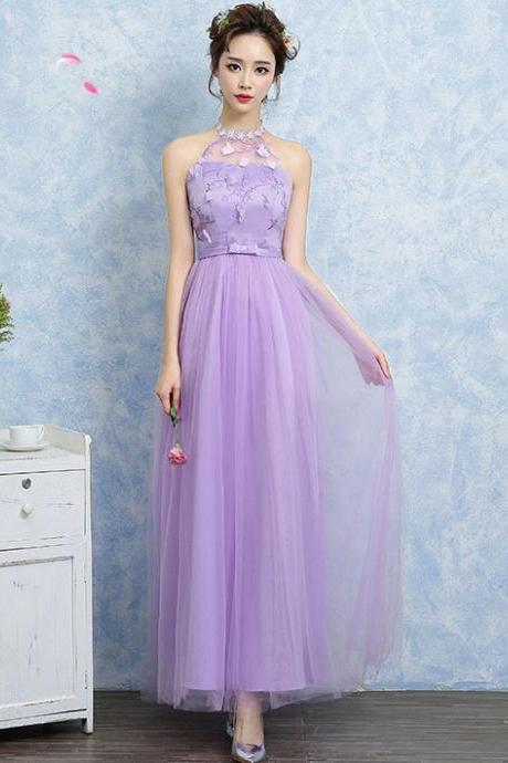 Women Halter Gauze Evening Party Prom Bridesmaid Wedding Dress Graduation Gown - Purple