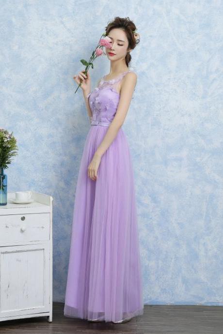 Women Sleeveless Gauze Evening Party Prom Bridesmaid Wedding Dress Graduation Gown - Purple