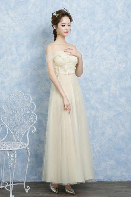 Women New Design Off Shoulder Gauze Bridesmaid Wedding Dress Graduation Gown - Champagne