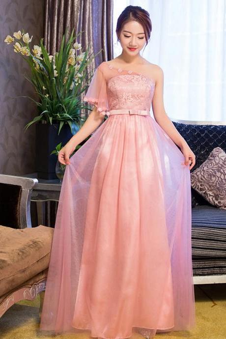 One Shoulder Pink Color Elegant Wedding Gown Long Bridesmaid Dresses