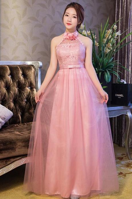 Halter Pink Color Elegant Wedding Gown Long Bridesmaid Dresses